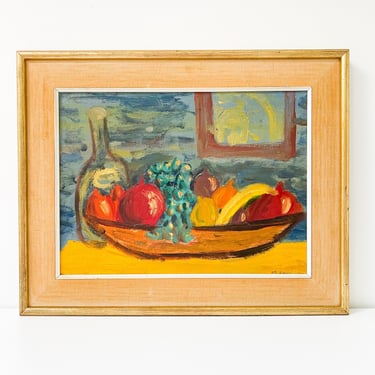 Still Life Oil Painting Signed. Framed Oil Painting. Vintage Painting of Fruit in a Bowl. Colorful Oil Painting. Oil on Canvas Framed Art 