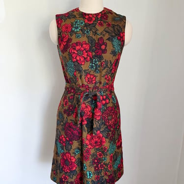 Vintage 1960s Earth Tone Floral Belted Dress / XS 