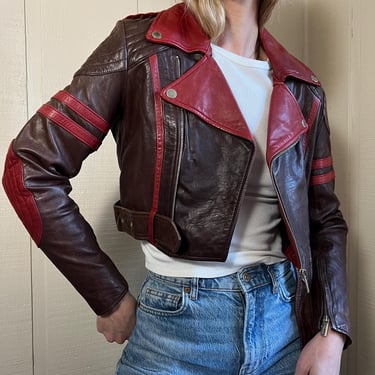 Vtg Y2K Jean Paul Gaultier Belted Crop Leather Jacket, Vintage JPG for Target Brown Red Leather Jacket with Belt Detailing 