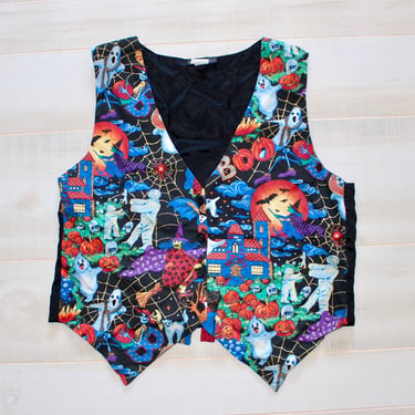 Vintage Halloween Vest, Novelty, Grandma, Holiday, Fall, Pumpkin, Witch, Mummy, Ghost, Satin 