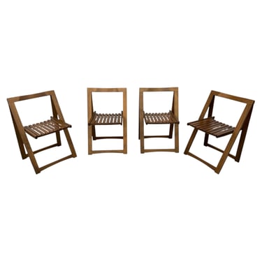 Mid-Century Modern Slatted Walnut Folding Dining Chairs - Set of 4 