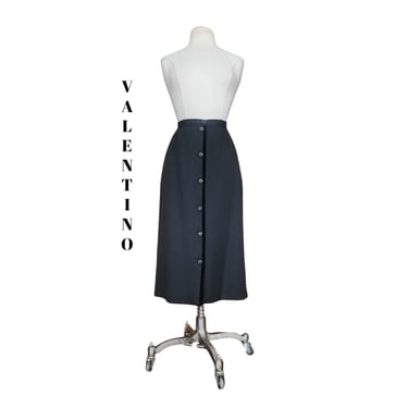Vintage 1980s VALENTINO Pencil Skirt Black Wool Button Down Midi Medium 