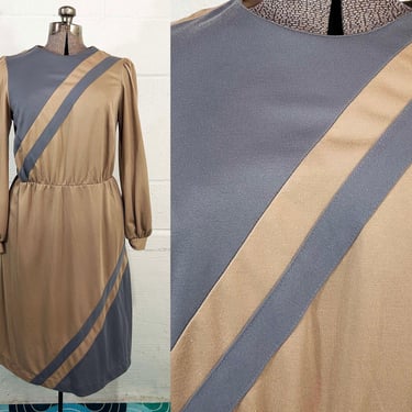 Vintage Tan Gray Dress Long Sleeve Fit & Flare A-Line Work Appropriate Striped Chevron Secretary 1970s 1980s Large 