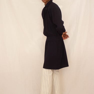 1980s Perry Ellis Navy Crepe Drop Waist Mini Dress 