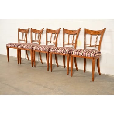 Antique Italian Regency Fruitwood Inlaid Marquetry Dining Chairs, Set of Five