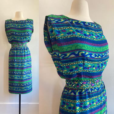 Vintage 50’s 60's COCKTAIL Party Dress / SILK Chiffon + JEWELED Waist / Sarong Skirt + Hourglass Sheath Fit / Abstract Watercolor Print 