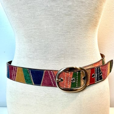 Y2K Colorful Suede belt~ multi colorful patchwork leather/ fossil Size M / gender neutral 