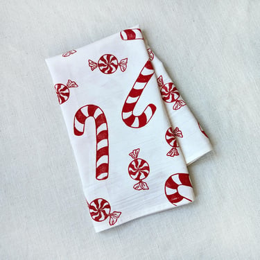 Candy Cane Tea Towel - 28x28in Block Printed Tea Towel with Red Candy Cane Peppermint Candy Print - Printed by Hand 