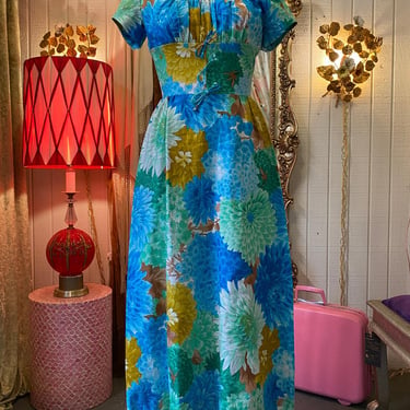 vintage 1960s hawaiian maxi dress, sun fashion, tiki print, aqua floral, mod, sm 