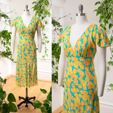 Vintage 1990s Y2K Dress | BETSEY JOHNSON 1990s 2000s Yellow Rose Floral Print Chiffon Bias Cut Cocktail Day Dress | small/medium 