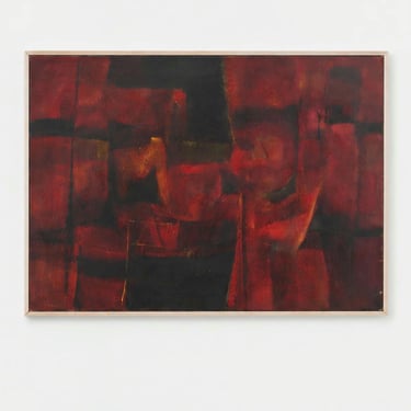 Scandinavian abstract oil painting red abstract painting cubist mid century modern oil painting original 1960s painting framed Finnish art 