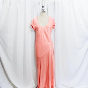 90s Coral Maxi Long Slip Maxi Dress Vintage 1990s Natori Bias Cut Short Sleeve Minimalist Dress 