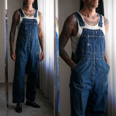 Vintage 40s 50s LEE Jelt Denim Sanforized Distressed Medium Wash Bib Overalls | Long 