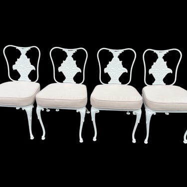Vintage Woodard Trianon Wrought Iron Patio Dining Chairs – Set of 4, New Paint, Cushions 