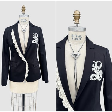 LOVE MOSCHINO Black and White Jacket w/ Tags | Blazer w/ Crochet details, L Monogram | Made in Italy, Italian Designer | Size 42, Small 