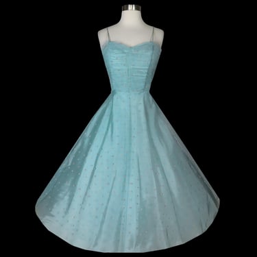 Vintage 50s Light Blue Tulle Net Polka Dot Full Skirt Prom Party Dress M Medium Pinup Swing Formal Dance Rockabilly Womens Tea Calf Length 