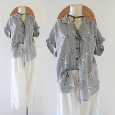 gingham button top - m - vintage 90s black white floral size medium short sleeve blouse top womens 