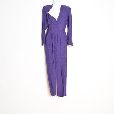 vintage 80s jumpsuit purple silk pleated tapered pantsuit outfit romper S clothing 
