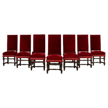 Antique French Louis XIII Style Maple Dining Chairs in Red Velvet - Set of 10 