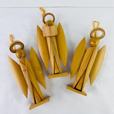 Vintage Mid Century Bamboo Angels Christmas Ornaments, set of three, golden yellow colour with painted faces, for tree decorating or gift 