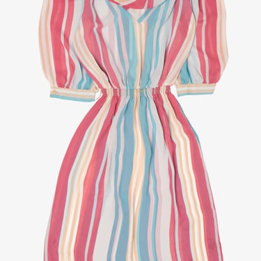 Vintage Pink And Blue Striped Puffy Sleeved Dress (1980s) 