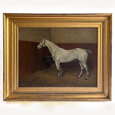 1891 “Grey Hunter in a Loose Box Stall” Antique Equestrian Horse Painting Oil on Canvas By Alfred Grenfell Haigh 