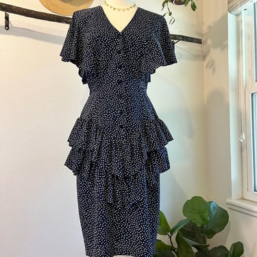 Pistachio USA Vintage Blue Polka Dot Ruffle Short Sleeve Button Dress Size Small 