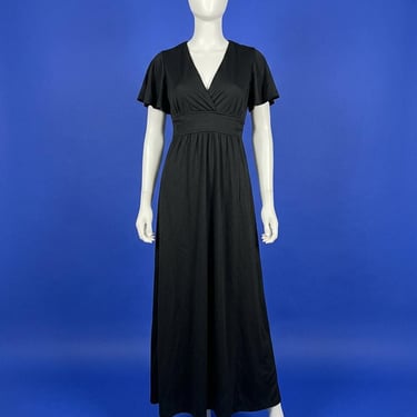 Vintage 1970s Black Maxi Dress With Flutter Sleeves Size M 