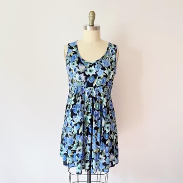 Size S All That Jazz Micro Mini Dress Blue Floral Vintage 90s Babydoll Rayon 