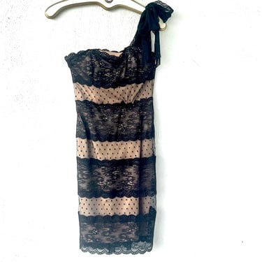 Vintage Betsey Johnson Black Lace Dress Strapless One Shoulder Bodycon 