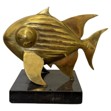 E Ferreira Netto Polished Bronze Fish Sculpture on Black Granite Base, 1985