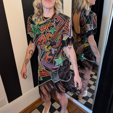80s Beaded Fringe Party Dress | Riazee for Saks Fifth Avenue | Multicolor Sequin 