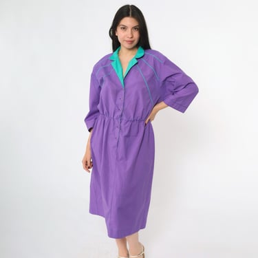 Vintage Purple Shirt Dress 80s Turquoise Collar Midi 3/4 Sleeve Secretary Shirtdress Button Up Shirtwaist High Waisted 1980s Petite Medium M 