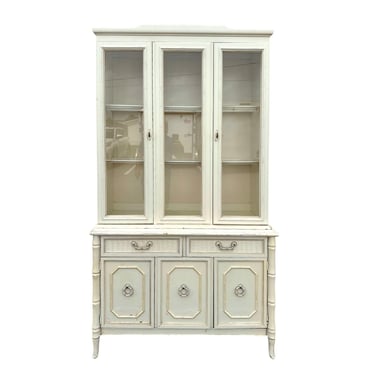 Vintage Broyhill Faux Bamboo China Cabinet - Lighted Hutch Buffet, Creamy White Rattan Glass Display, Hollywood Regency Coastal Style 