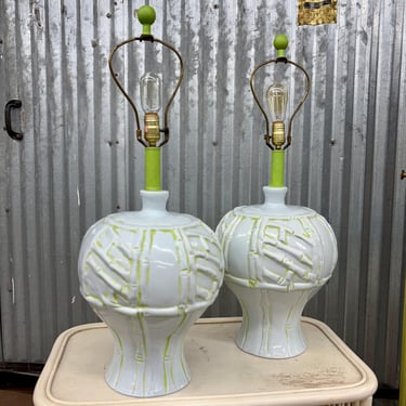 Vintage Faux Bamboo Table Lamps Retro 1970s Bohemian/Beach + Set of Two + Ceramic + Blue/Green + Large Size + Mood Lighting + Home Decor 
