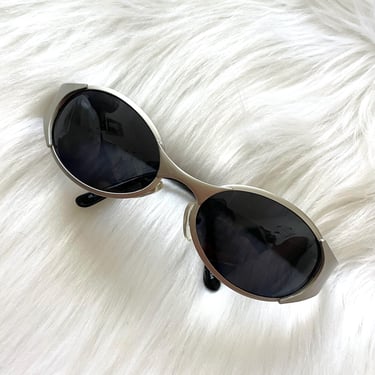 Vintage Oval Y2K Silver Dark Tinted Sunglasses 