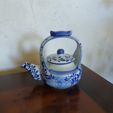 Miniature Vintage Blue and White Porcelain Teapot from Thailand 