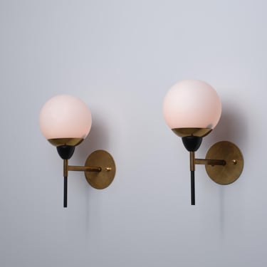Pair of 1950s Italian Brass, Black Metal and Opaline Glass Globe Wall Sconces 