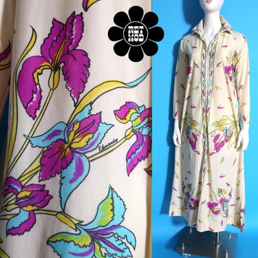 Iconic Vintage 60s 70s Purple Iris Floral Border Print Travel Dress by Eduardo 