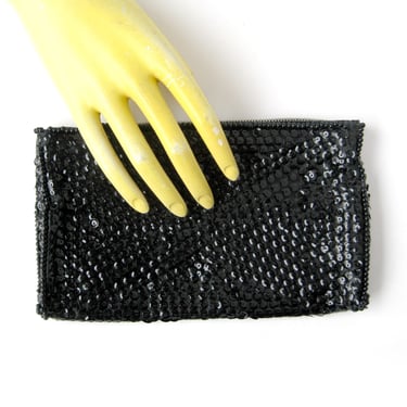 Vintage Heavily Beaded Black Clutch Purse with Zippered Top, Scallop Sequin Design, Made in Japan, Mid Century Style, Stunning Evening Bag 