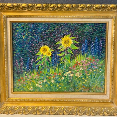 Framed Sunflower & Wildflower Oil Painting – Original Signed Art by George J. Bleich (1993) – Floral Landscape on Canvas 