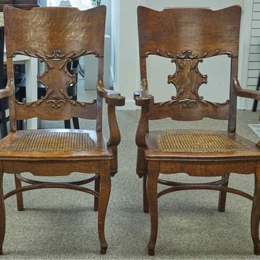 Pair of Pressback Oak Dining Arm Chairs with Cane Seats