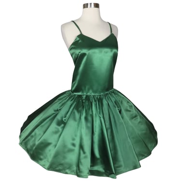 Vintage 80s Green Satin Spaghetti Strap Drop Waist Full Circle Skirt Prom Party Dress S M Small Medium Candy Apple Sleeveless Swing Dance 