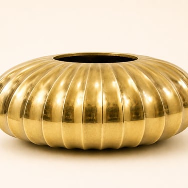 Vintage Solid Brass Oval Planter Heavy Ribbed Mid Century Modern Centerpiece 