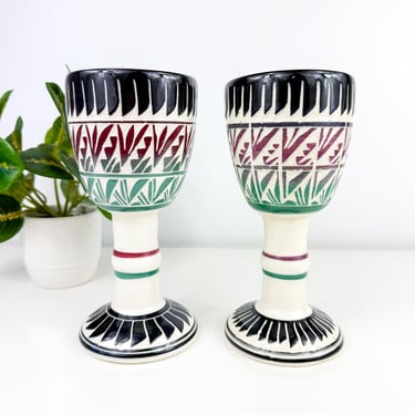 Vintage Native Pottery Chalice Mug Set of 2, Southwest Artist Signed Pottery 
