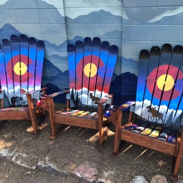Set of 3 Hand-Painted Colorado Ski Adirondack Chairs – Elk, Bear & Moose Mural 