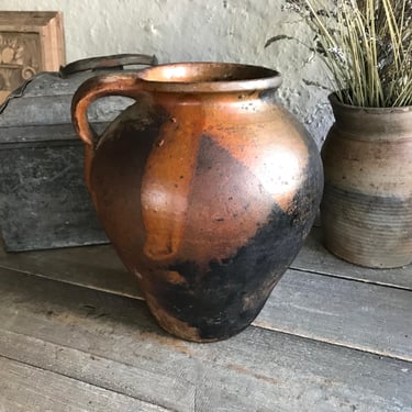 19th C Pottery Jug, Pitcher, Small Olive Jar, Redware Slip, Rustic Terra Cotta, Garden Vase, European Farmhouse, Farm Table 