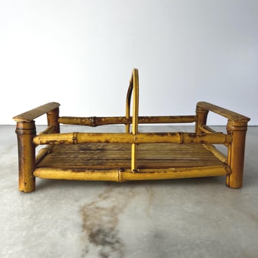 Vintage Bamboo Caddy with Handle, Small Burnt Bamboo Tray, Tortoiseshell Bamboo Condiment Holder, Boho Tiki Table Decor 