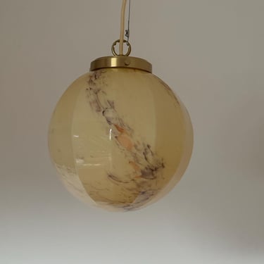 Vintage Art Deco Globe Pendant Lamp / Beige Marbled Glass Ceiling Light / Mid Century Hanging Sphere Lamp / Germany / 1950s 
