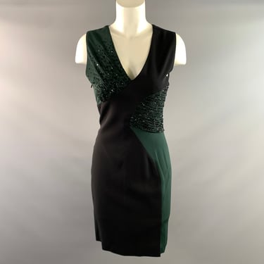 GIANNI VERSACE FW2018 Size 6 Black Green Viscose Blend Beaded V Neck Cocktail Dress